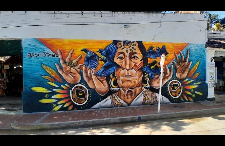 A mural with a central figure holding birds, surrounded by eyes and feathers. 2
