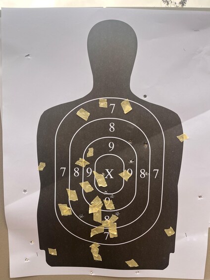 A silhouette of a person with a target and numbers on a paper. 1