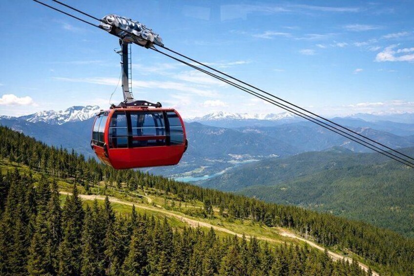 A red cable car ascending a mountain with a forested valley and snow-capped peaks in the background. 5
