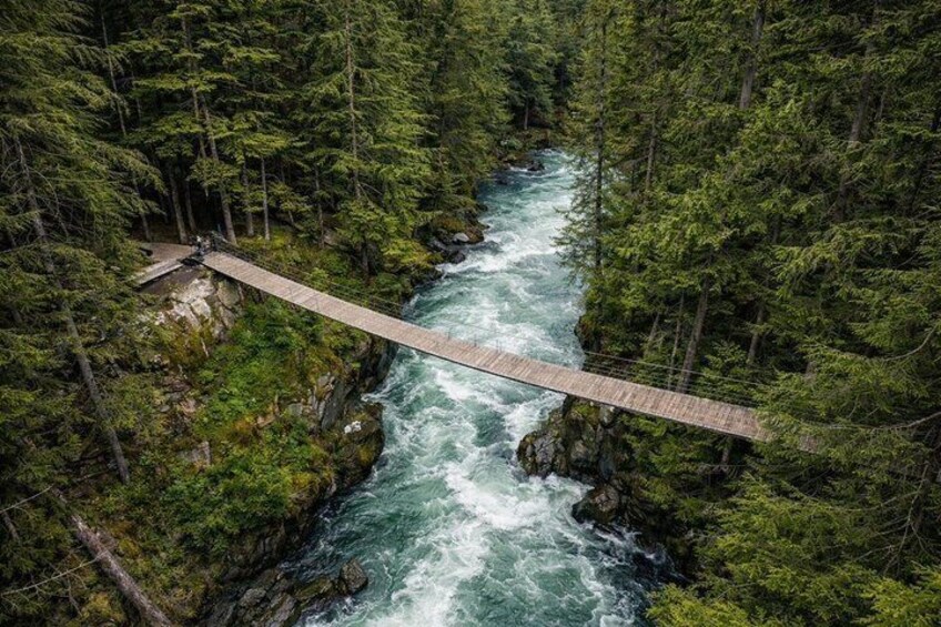A wooden bridge over a river in a forested area. 2