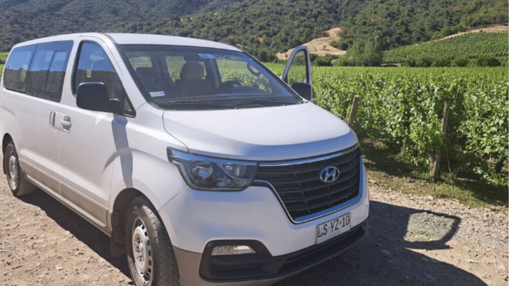 A white van parked on a gravel path with a vineyard in the background. 2