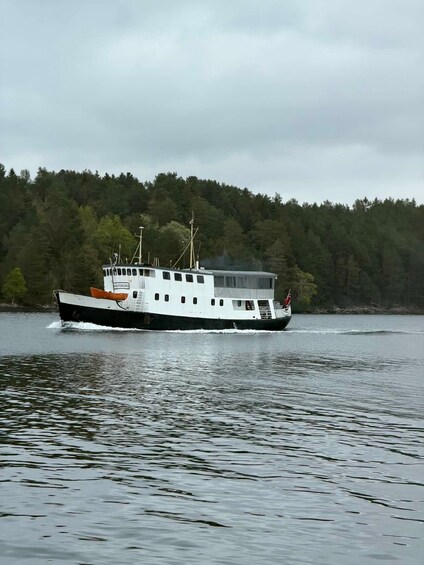 A white boat with a black hull moving on calm water, surrounded by a forested shoreline. 1