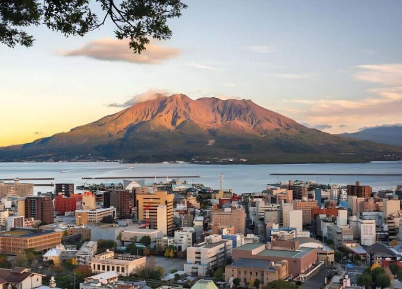 A cityscape with a prominent mountain in the background. 5