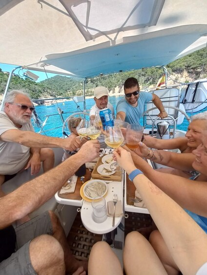 A group of people toasting with wine glasses on a boat with a blue sea and green hills in the background. 3