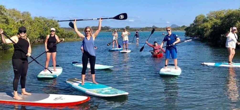 People paddleboarding on calm water with trees and clear skies in the background. 3