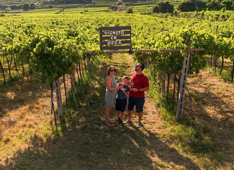 A vineyard with a sign reading 'VIGNETO CAT BESSI' and a family standing under a vine trellis. 2