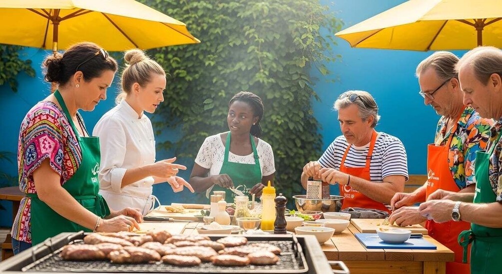 A group of people grilling outdoors with a blue wall and green foliage in the background. 4