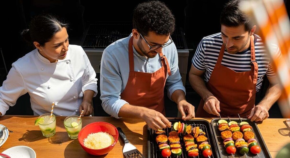 Three people grilling vegetables and preparing drinks outdoors. 2