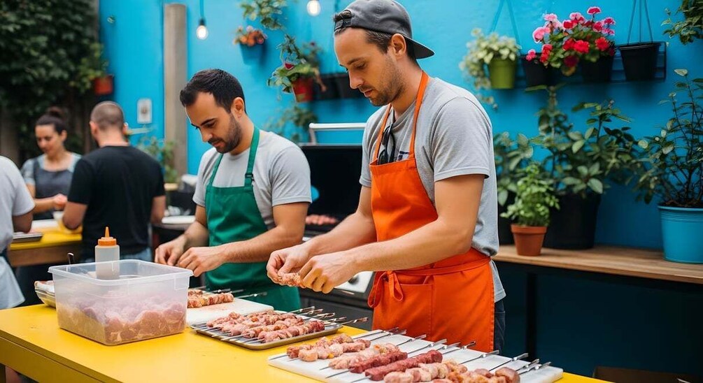 Two individuals preparing food, with a grill and skewers visible. 1
