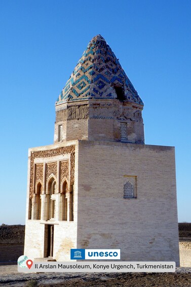 A historic mausoleum with intricate tile work and a prominent dome, located in Konye Urgench, Turkmenistan. 2