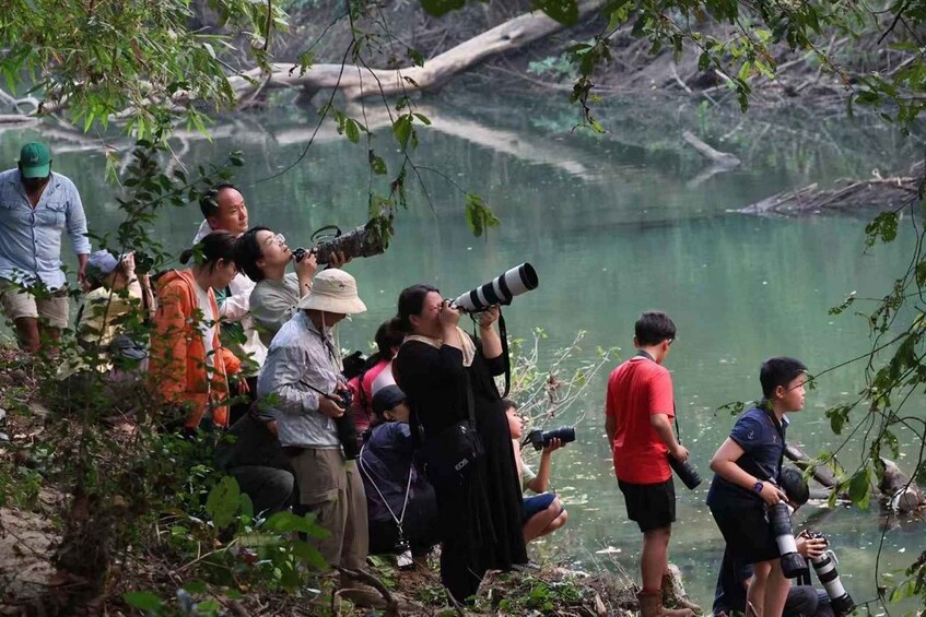 A group of people observing wildlife by a riverbank. 2