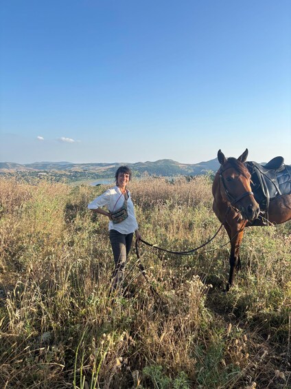 A person leading a horse through a grassy field with a distant landscape. 5