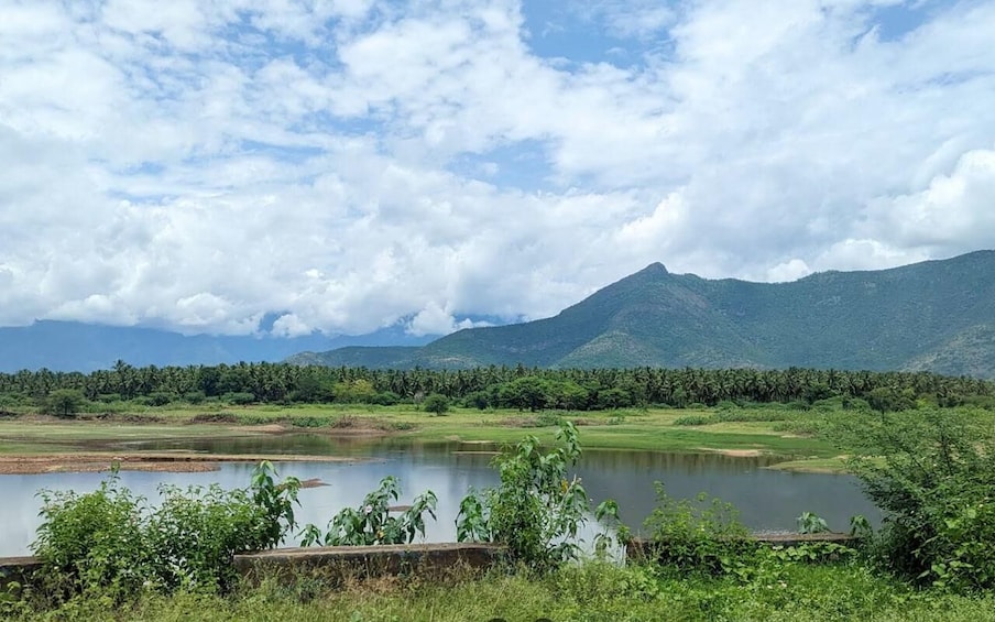 A calm lake surrounded by lush greenery and distant mountains under a partly cloudy sky. 4
