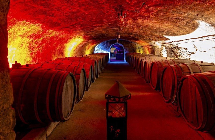 A tunnel with wooden barrels lined on both sides, leading to a blue-lit archway. 1