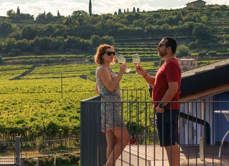Two people toasting with wine glasses on a balcony overlooking vineyards. 5