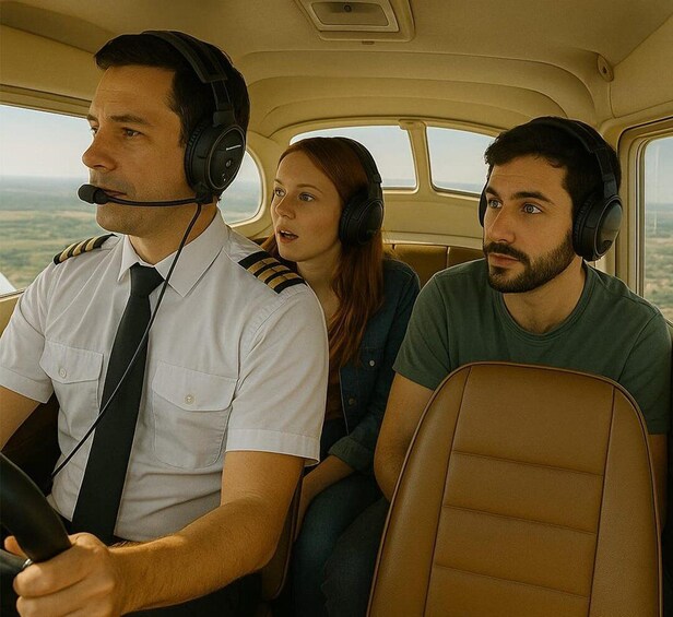 Three people in a cockpit with a view of the landscape outside. 3