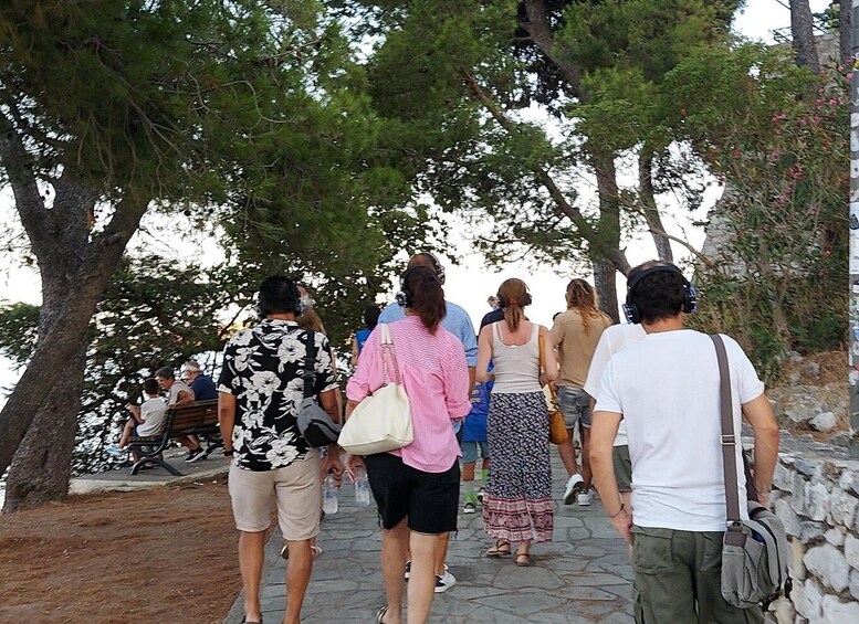 A group of people walking on a stone pathway surrounded by trees. 1