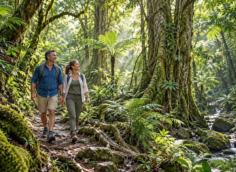 Two people hiking on a forest trail surrounded by lush greenery and trees. 3