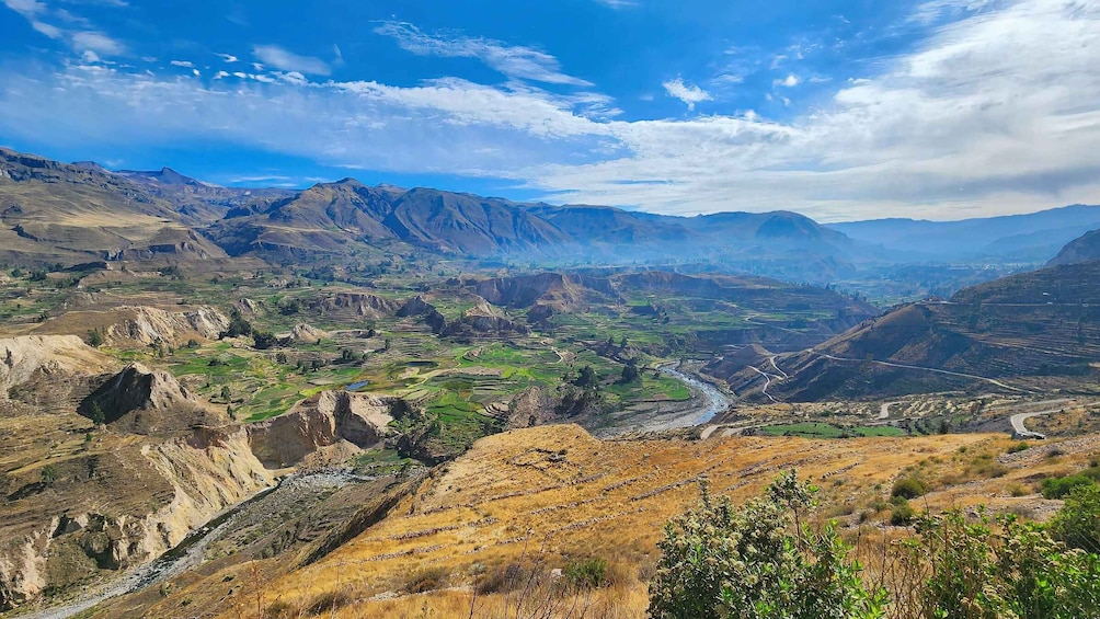 A mountainous landscape with terraced fields and a winding river. 1