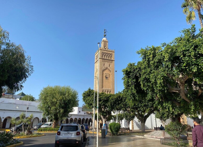 A tall tower with intricate designs, surrounded by trees and a clear blue sky. 2
