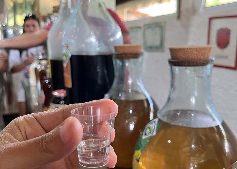 A hand holding a small glass with a beverage, with larger bottles in the background. 5