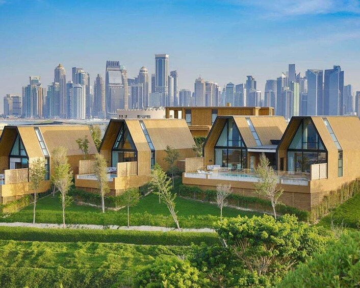 A modern residential area with unique triangular-roofed houses, a well-maintained lawn, and a city skyline in the background. 2