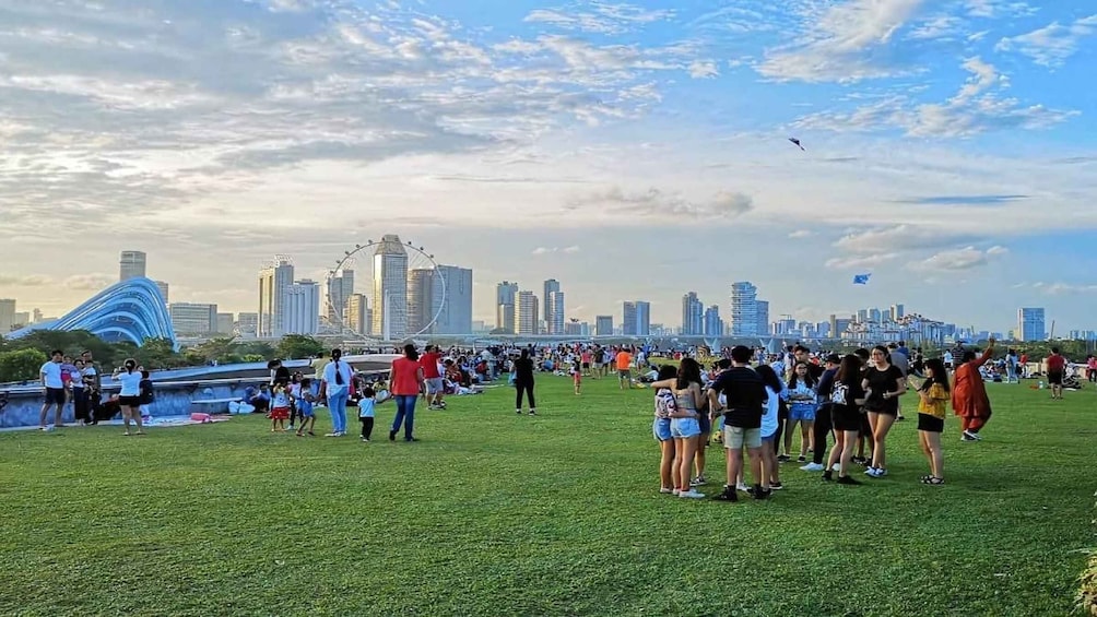 A crowded park with people, a Ferris wheel, and a city skyline in the background. 1