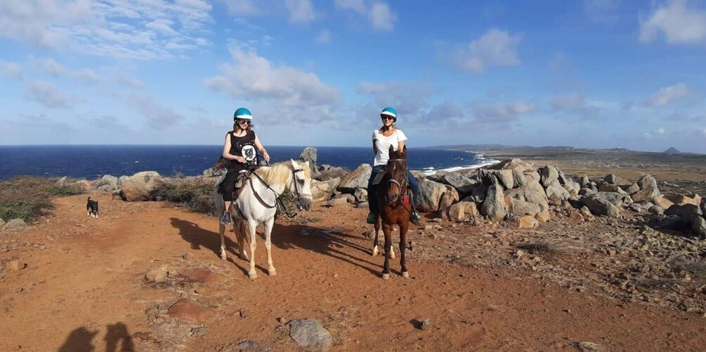 Two people riding horses on a rocky trail with a view of the ocean and hills in the background. 1