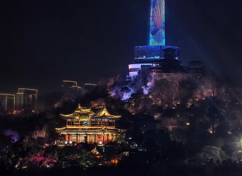 A traditional building with a pagoda-style roof, illuminated by warm lights, and a modern tower with a vertical light display. 5