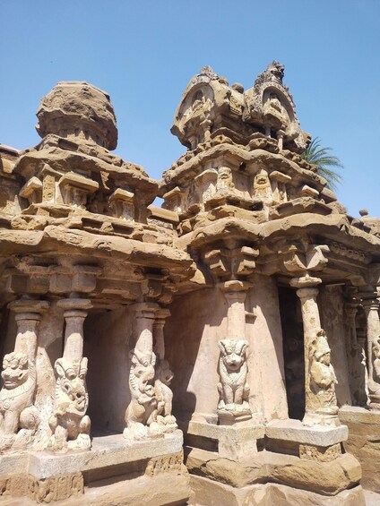 Ancient rock-cut architecture with detailed carvings and lion statues. 4