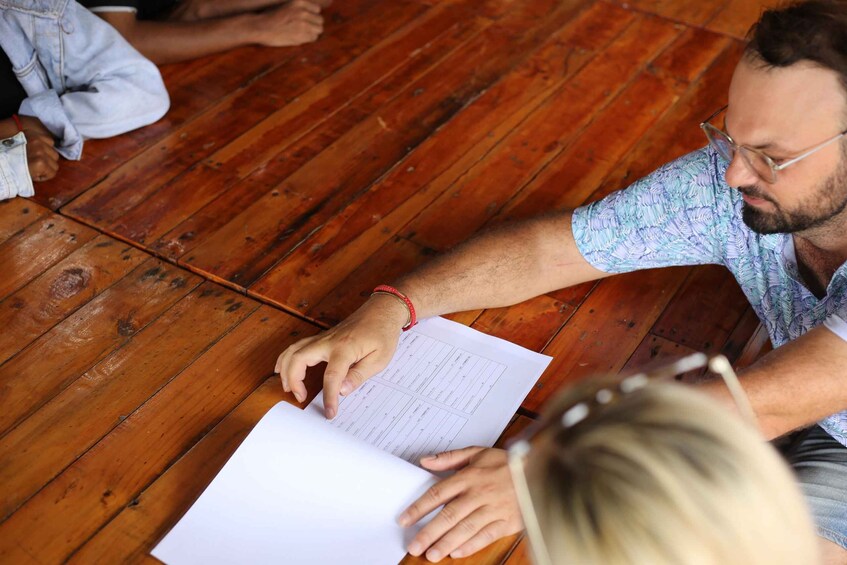 A person sitting on a wooden floor, reading a paper. 5
