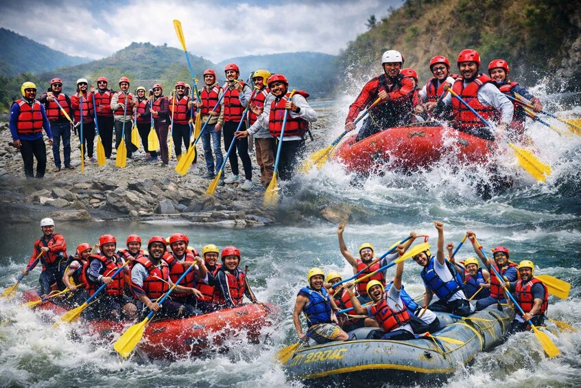 A group of people rafting on a river, wearing life jackets and helmets. 2