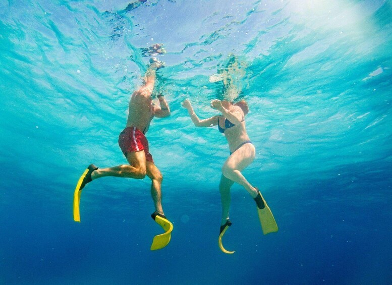 Two people swimming underwater in a clear blue pool. 2
