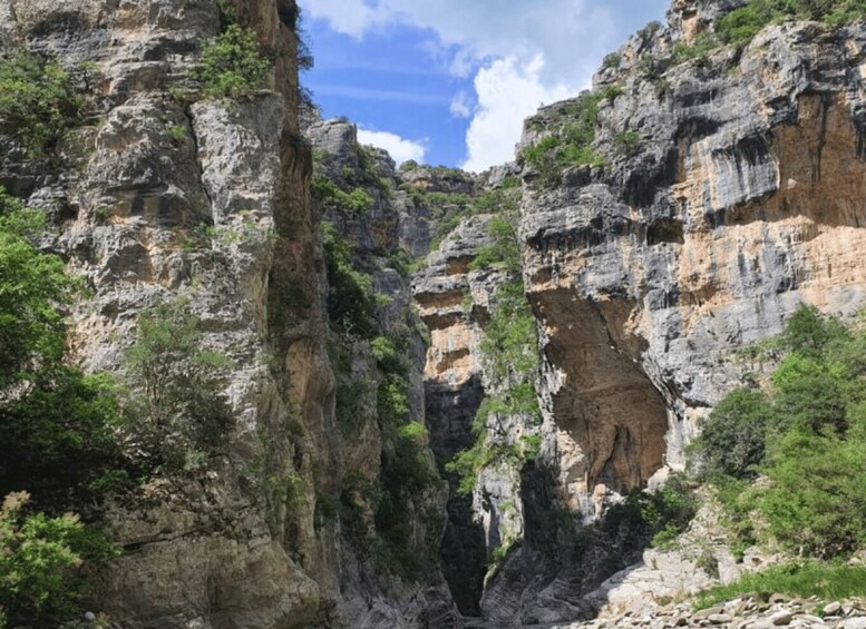 A canyon with steep rock walls and sparse vegetation. 1