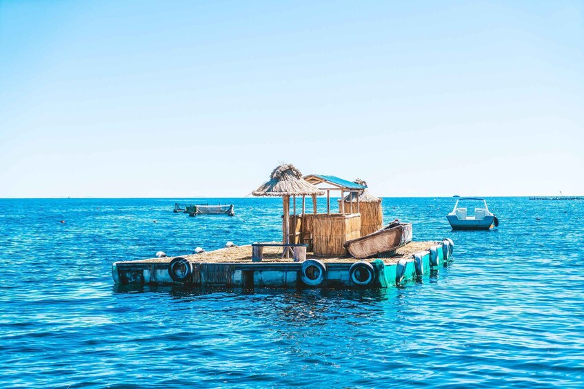 A floating dock with a thatched-roof structure, surrounded by calm blue waters and anchored boats. 2