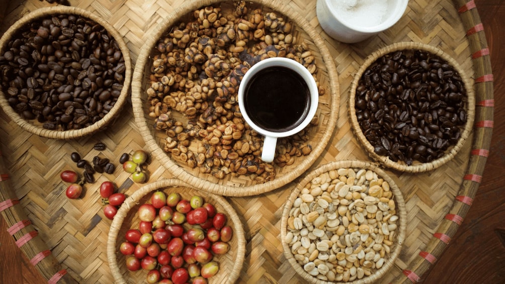 A variety of coffee beans and fruits on a woven mat. 3