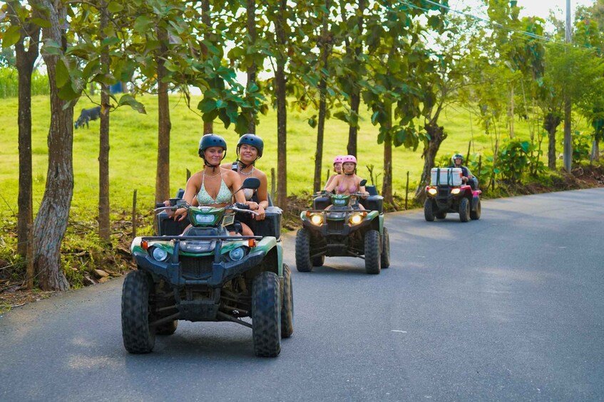 Four people riding atv's on a road surrounded by trees. 2