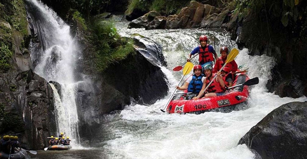 A group of people in a red raft navigating a river with a waterfall. 5