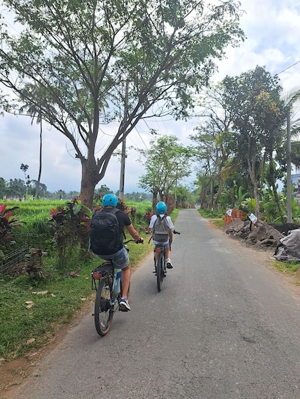 Two people on bicycles on a rural road with trees and vegetation on both sides. 2