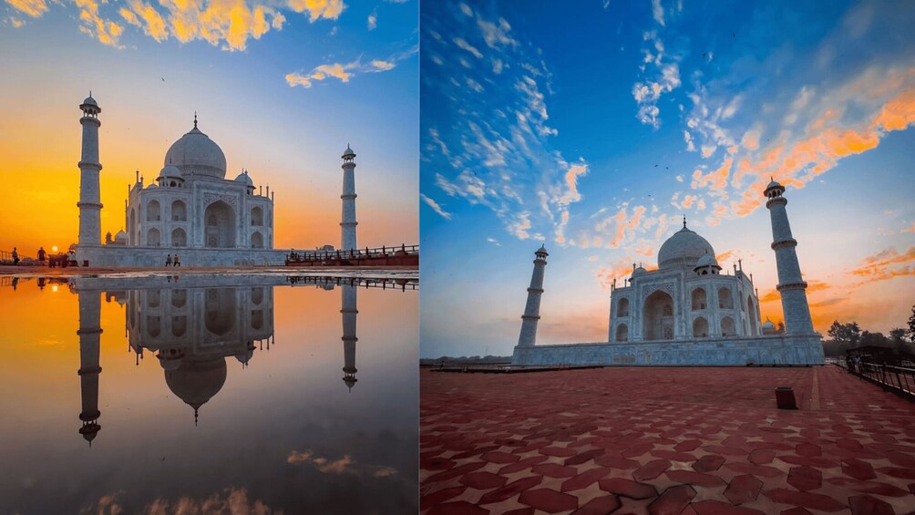 The Taj Mahal with its reflection in water and a clear sky. 1