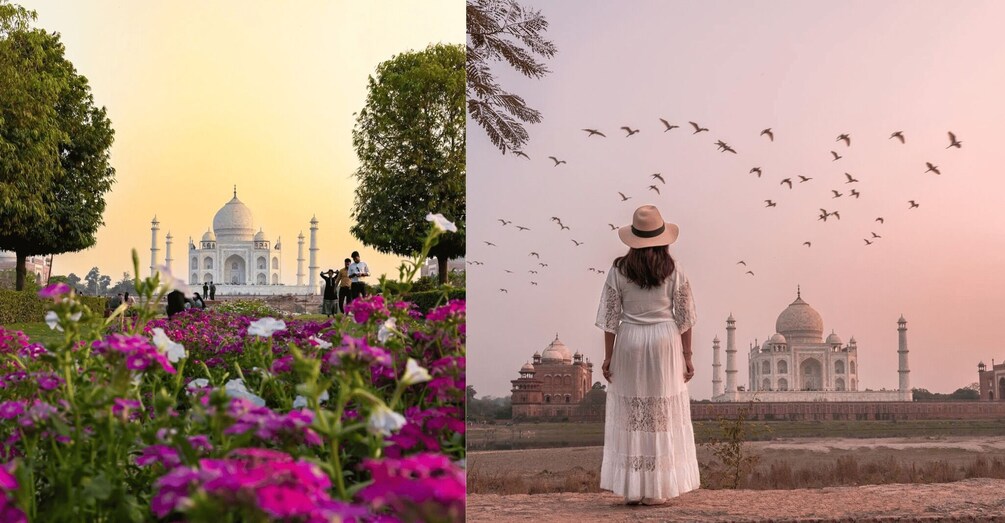 The Taj Mahal with people in the foreground and a person in a white dress with a hat standing in the foreground. 2