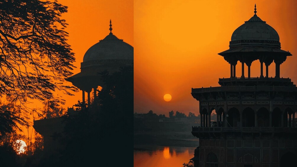 A sunset over a historical building with a dome and arches. 5