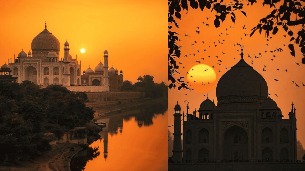 The Taj Mahal at sunset with a river in the foreground and birds flying in the sky. 4