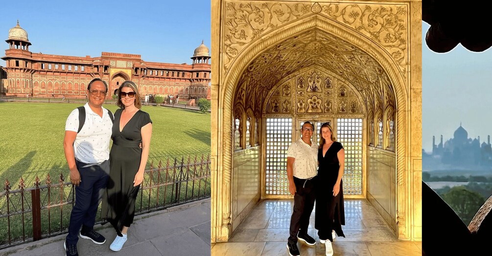 A historical building with intricate architecture and a view of the Taj Mahal. 3