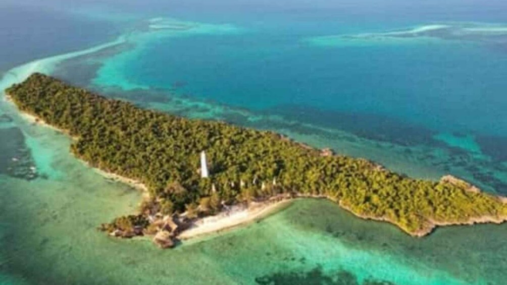 An aerial view of a narrow, elongated island with dense vegetation and clear blue waters surrounding it. 4