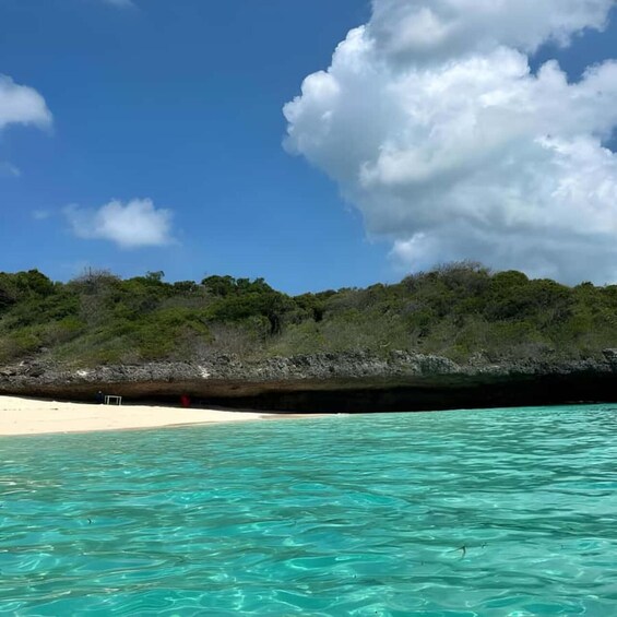 A beach with clear turquoise water, a sandy shore, and a forested hill in the background. 3