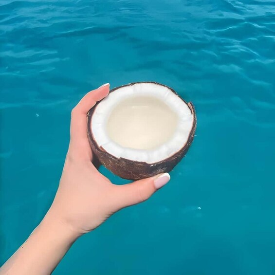 A hand holding a coconut over turquoise water. 4