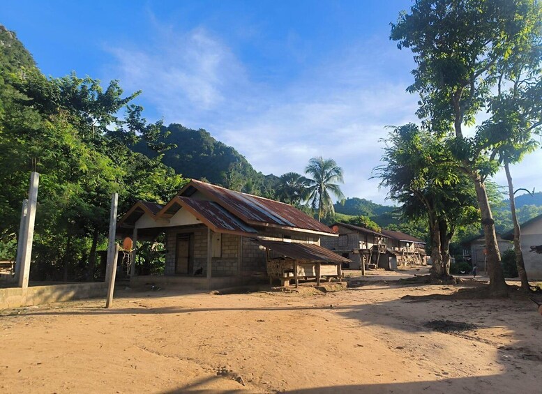 A rural village with traditional houses, a dirt road, and lush greenery. 3