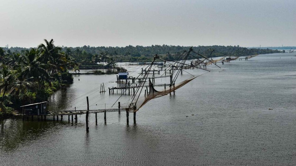 A fishing net over water with palm trees and a distant shoreline. 3