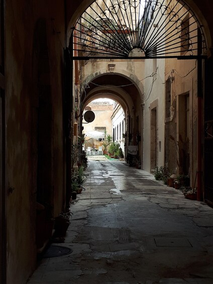A narrow alleyway with an arched entrance, potted plants, and a satellite dish. 4